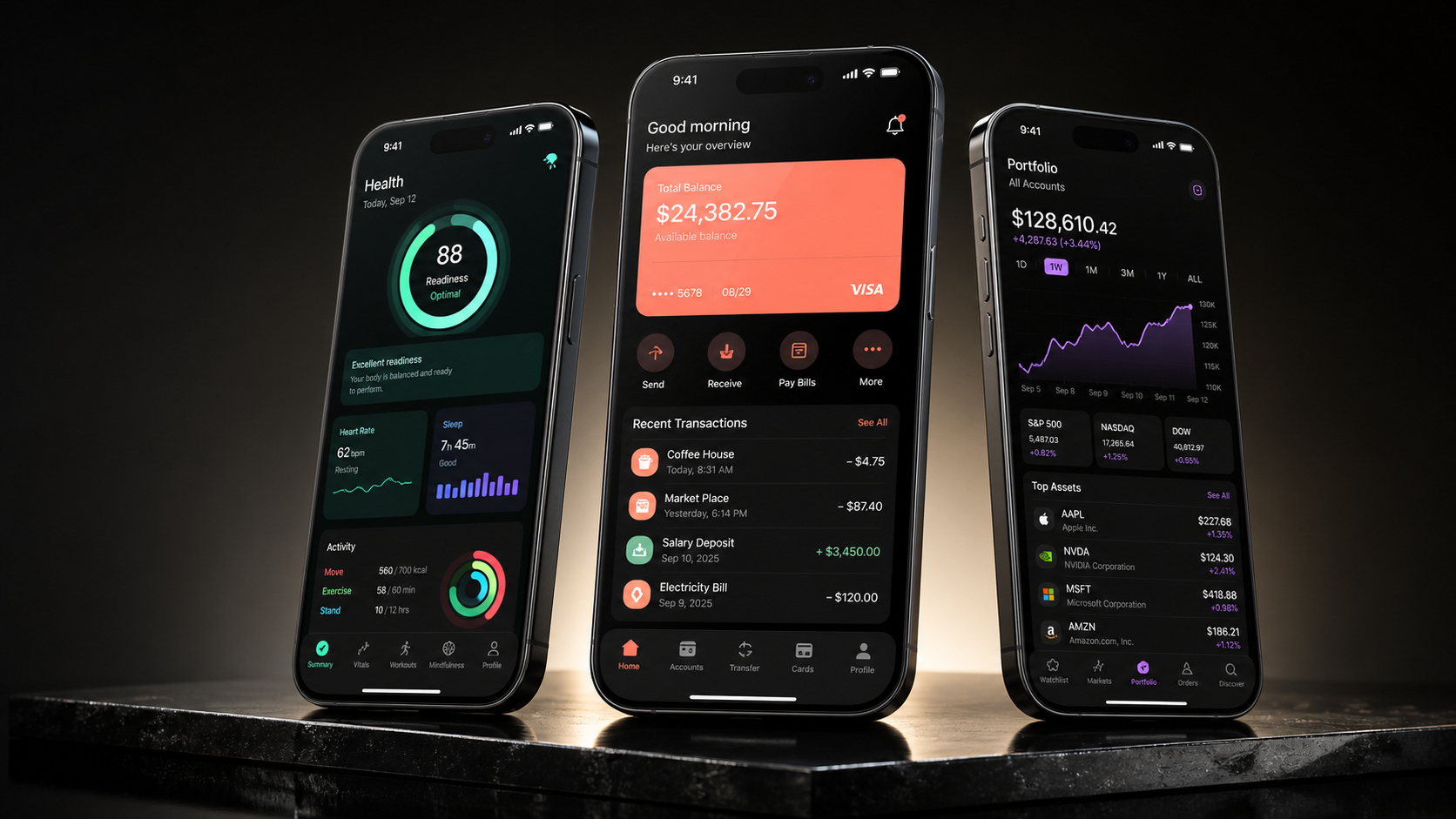 Photorealistic iPhone devices with complete health, banking and trading applications